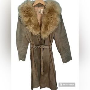 Vintage Tan Suede Lamb Fur Collar Wrap Coat Penny Lane